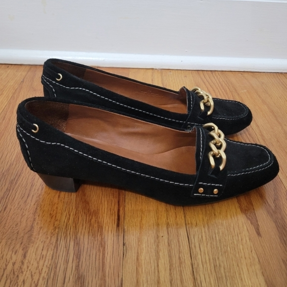 Talbots Piper 2 Women's Suede Heeled Loafers Black Size 7B Gold Chain Stitching‎ - Picture 4 of 11